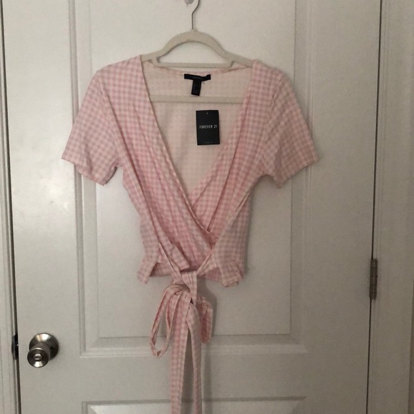 NWT Pink checkered forever 21 stretchy wrap top - Picture 1 of 1